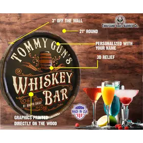 Whiskey Bar quarter barrel on brick wall with specs