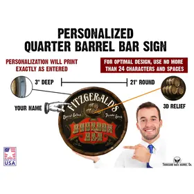 Close-up of Fitzgerald’s Bourbon Bar barrel end sign highlighting 3D relief barrels and handcrafted wood construction personalization map