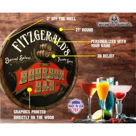 Bourbon Bar barrel end sign highlighting 3D relief barrels and handcrafted wood construction dimensions