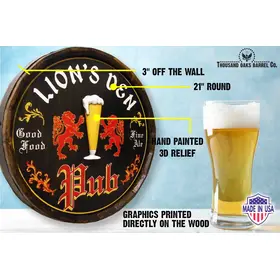 Handmade quarter barrel pub sign product call outs