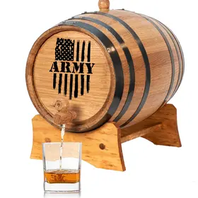 Army engraved mini oak aging barrel with black steel hoops and wooden stand from Military Barrel Series for aging whiskey, bourbon, rum, and cocktails at home.