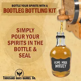 Bootleg Bottling Kit showing homemade whiskey being poured into bottle for sealing and gifting