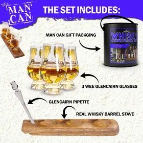 Man Can Whiskey Flight Set contents including gift can packaging, three Glencairn Wee tasting glasses, pipette and authentic barrel stave board.