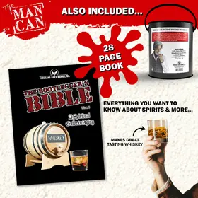 The Bootlegger’s Bible 28-page guide included in the Man Can Whiskey Making Kit, featuring barrel aging instructions and bourbon recipes.