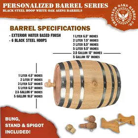 American white oak mini aging barrel dimensions and specifications including exterior finish, black steel hoops and included accessories.