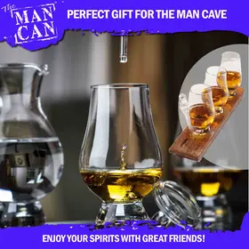 Man Can Whiskey Barrel Flight Set displayed in man cave with whiskey glass and water carafe highlighting premium tasting experience.