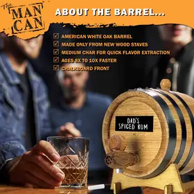 Close-up of American white oak barrel from Man Can Spiced Rum Making Kit featuring medium char, faster aging, and chalkboard personalization.