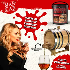 Man Can Whiskey Making Kit barrel pouring bourbon into glass, highlighting real working spigot and ability to make 32 shots of Kentucky bourbon.