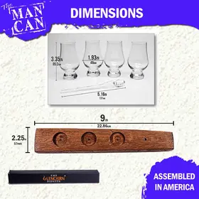 Dimensions of Man Can Whiskey Barrel Flight Set showing barrel stave length, glass size measurements and pipette specifications.