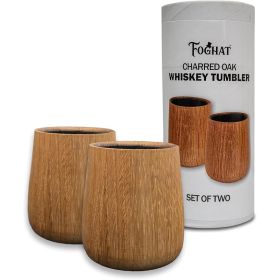 Set of two Foghat charred oak whiskey tumblers with gift packaging, handcrafted wooden cups designed for enhancing bourbon and whiskey flavor.