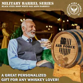 Made in USA Air Force engraved American white oak mini aging barrel with exterior finish and black steel hoops.