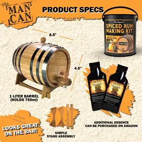 Product specifications for Man Can Spiced Rum Making Kit showing 1-liter barrel dimensions, stand assembly, and additional rum essence options.