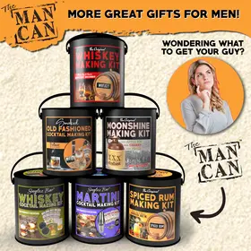Collection of The Man Can cocktail making kits including Spiced Rum, Whiskey, Moonshine, Martini, and Old Fashioned gift sets for men.