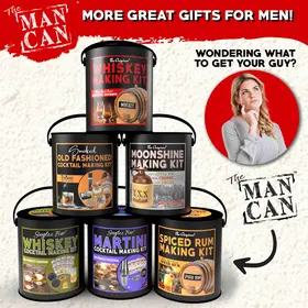 Collection of The Man Can cocktail and spirits making kits including Whiskey Making Kit, Moonshine Kit, Martini Kit, Spiced Rum Kit, and Old Fashioned Kit gift sets.