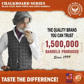 Graphic showing a refined older man sampling whiskey with text stating “1,500,000 barrels produced since 1999,” promoting quality craftsmanship and a 30-day money-back guarantee.