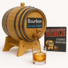 Small chalkboard aging barrel labeled “Bourbon” with date, pouring whiskey into a glass, accompanied by The Bootlegger’s Bible: A Spiritual Guide to Aging.