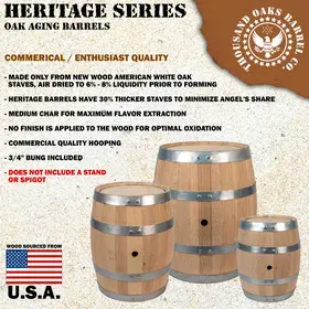 Thousand Oaks Barrel Co Heritage Series oak aging barrel with bung hole and commercial steel hoops