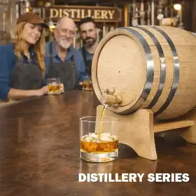 American white oak Distillery Series aging barrel with black steel hoops pouring whiskey into a rocks glass on a distillery bar, craft distillers observing in background