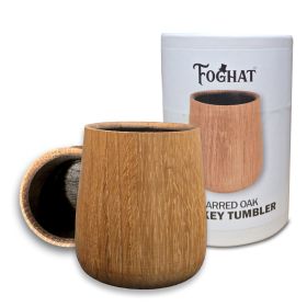 Foghat charred oak whiskey tumbler displayed in front of its packaging, featuring a handcrafted wooden design with a dark charred interior.