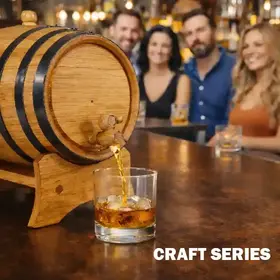 Craft Series American white oak aging barrel with black steel hoops pouring whiskey into a rocks glass, small format barrel for home distilling and cocktail aging