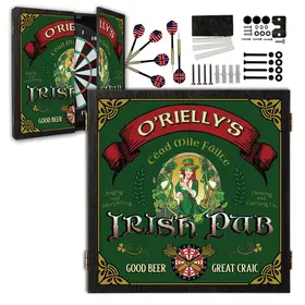 Custom Irish pub dartboard cabinet featuring “O’Rielly’s Irish Pub” artwork with Celtic knots, vintage pub illustration, and dartboard graphic on green background.