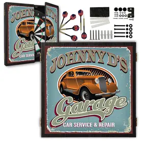 Custom garage dartboard cabinet set with vintage car artwork and personalized name, shown open with regulation dartboard, steel-tip darts, scoreboards, and mounting hardware included.