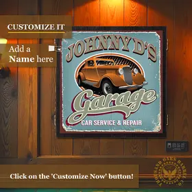Personalized garage-themed dartboard cabinet mounted on a wood wall with “Customize It” overlay, featuring a vintage classic car design and custom name option.