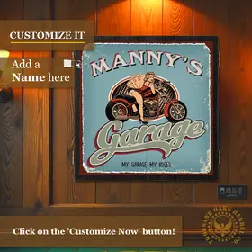 Custom motorcycle garage dartboard cabinet mounted on wall, featuring retro pin-up biker artwork and personalized name design
