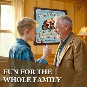 Custom dartboard cabinet set with personalized garage design, six steel-tip darts, mounting hardware, and enclosed dartboard