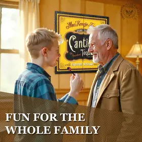 Father and son smiling and playing darts in a cozy room with a personalized Cantina Tequila dartboard cabinet mounted on the wall, text overlay reads “Fun for the Whole Family.”
