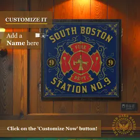Fire Dept dartboard cabinet mounted on wood wall with “Add a Name” personalization option, blue fire station design and gold detailing.