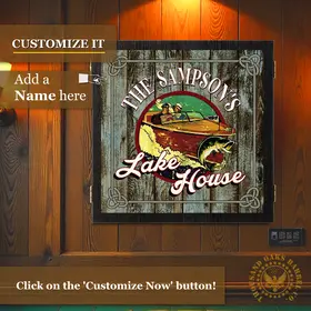 Custom lake house dartboard cabinet mounted on wood wall featuring personalized family name, rustic wood plank background, vintage boat illustration, and rope border details.