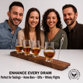 Group of people tasting whisky with a whisky stave flight board holding four Glencairn glasses and pipette.