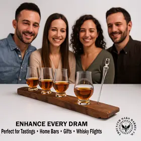 Group of people tasting whisky with a whisky stave flight board holding four Glencairn glasses and pipette.