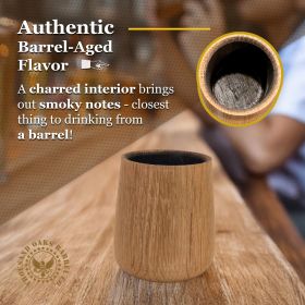 Foghat charred oak whiskey tumbler on a wooden table showing authentic barrel-aged flavor with smoky notes from its charred interior.