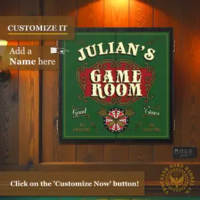 Custom name green dartboard cabinet mounted on wood wall with “Customize It – Add a Name Here” message, personalized game room decor with vintage style design.