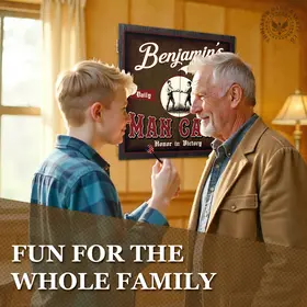 Personalized Man Cave dartboard cabinet with custom name displayed in home game room as father and son play darts together.