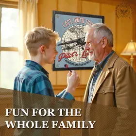Father and son playing darts in game room with personalized aviation Pilot’s Lounge dartboard cabinet on wall