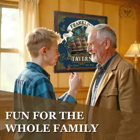 Personalized nautical tavern dartboard cabinet in family game room with grandfather and grandson playing darts in front of Franklin’s Tavern sailing ship design.