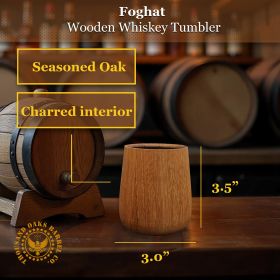 A wooden whiskey tumbler displayed in a distillery barrel room with labeled size dimensions and callouts showing the seasoned oak exterior and charred interior.