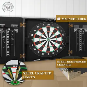 Interior view of dartboard cabinet with magnetic door lock, steel reinforced corners, and steel crafted darts for durability