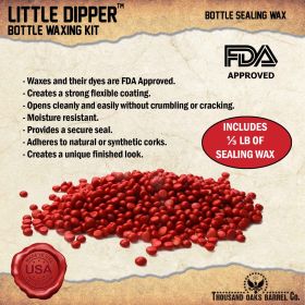FDA-approved red bottle sealing wax pellets included with the Little Dipper Bottle Waxing Kit for whiskey and spirits.