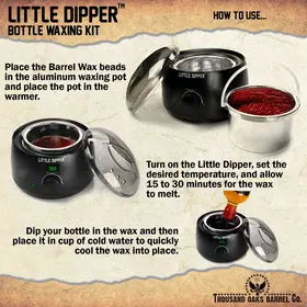 Step-by-step instructions showing how to melt wax and dip bottles using the Little Dipper Bottle Waxing Kit.