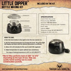 Little Dipper Bottle Waxing Kit specifications showing dimensions, temperature range, and wax warmer details.
