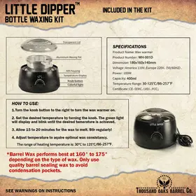 Little Dipper Bottle Waxing Kit specifications showing dimensions, temperature range, and wax warmer details.