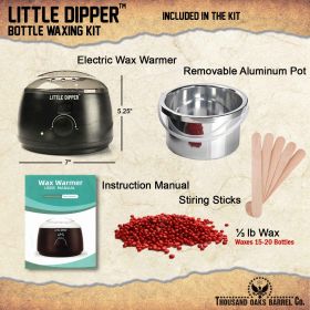 Contents of the Little Dipper Bottle Waxing Kit including wax warmer, aluminum pot, sealing wax, and stirring sticks.
