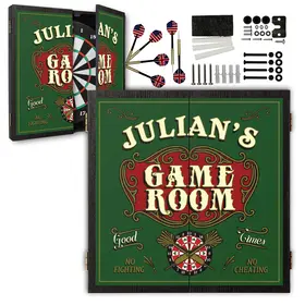 Personalized green game room dartboard cabinet set with custom name printed on doors, including bristle dartboard, steel tip darts, and full mounting hardware kit.