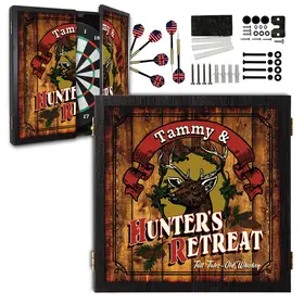 Personalized Hunter’s Retreat dartboard cabinet set with custom name banner, deer head design, rustic wood background, darts and mounting hardware included.