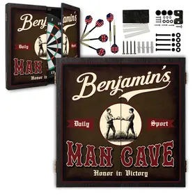 Personalized Man Cave dartboard cabinet set with custom name, vintage boxing design, bristle dartboard, six darts, and mounting hardware included.