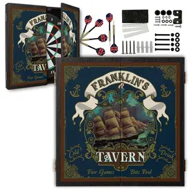 Personalized Franklin’s Tavern nautical ship dartboard cabinet set with bristle dartboard, steel tip darts, mounting hardware and wood finish doors.